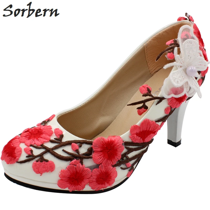 Sorbern Red Plum Blossom Women Shoes Low Heel White Wedding Shoes