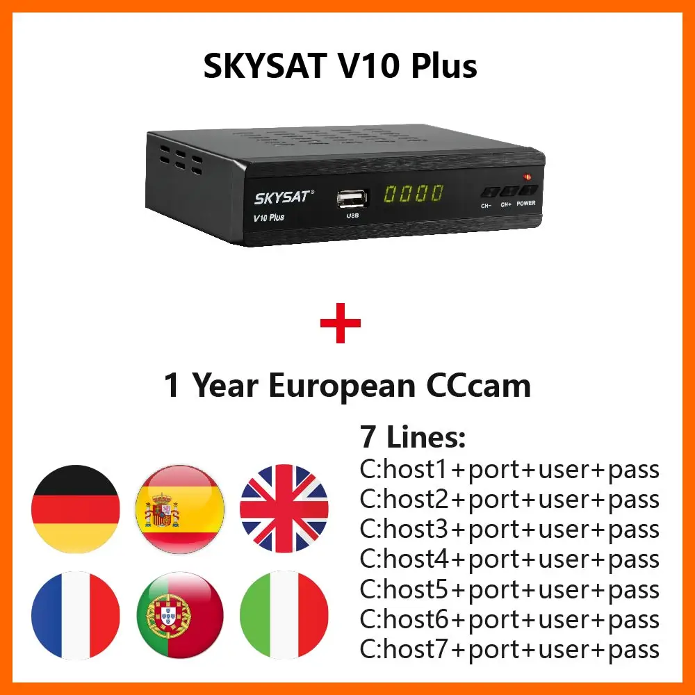 

DVB-S2 Receiver SKYSAT V10 Plus with 1 year CCCams for Germany Spain UK Portugal support autoroll powervu biss Xtream IPTV