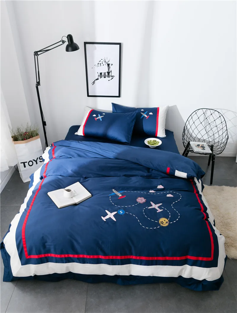 

4-Pieces Cotton blue Embroidery Luxury Bedding Set for kids King Queen Size Bed Set Duvet Cover Flat Sheet