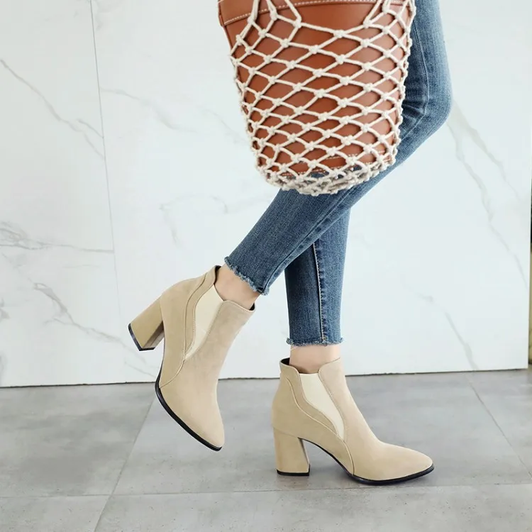

Big Size 11 12 13 14 15 16 Ma'am Coarse heel Short boots Pure color boot barrel Suede high-heeled boots
