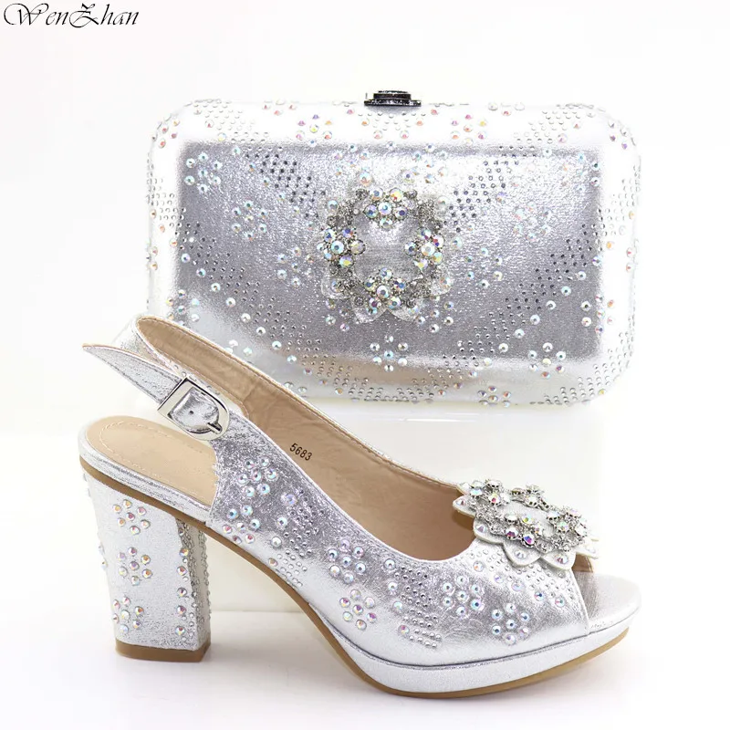 

Sliver Color Newest Novelty Fashion Ladies Shoes And Purse Set Italian Stones Shoes With Matching Bag For Party C96-15