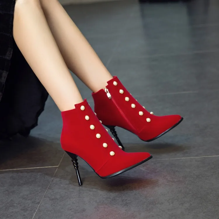 

Big Size 11 12 13 14 15 16 17 European and American sexy pointed slim high heel side zipper wicker string pearl boots