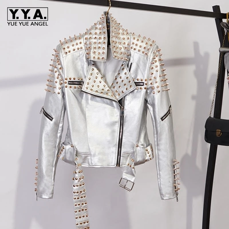 

Pu Leather Jacket Women Punk Rivets Studded Motorcycle Leather Spiked Faux Leather Jackets Streetwear Sashes Casaco Feminino Top