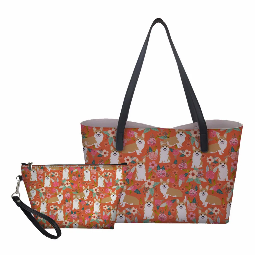 

Customized 2pcs/set Corgi Women Handbag Set Fashion PU Leather Shoulder Bag Holder Male up Bag Flower Dog Big Messenger Bags