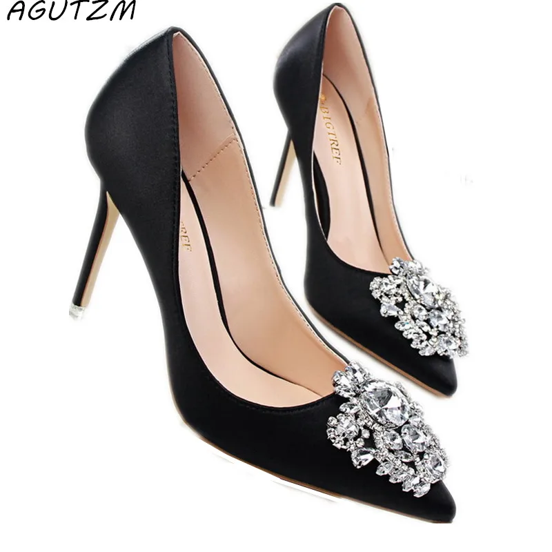 

AGUTZM New 2017 Spring Autumn Women Pumps Elegant Rhinestone Silk Satin High Heels Shoes Sexy Thin Pointed Single Shoes 7 Color