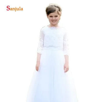 

Two Pieces White Flower Girls Dresses Tulle A-Line Wedding Party Dress for Children Communion Dress with 3/4 Sleeve Jacket D114