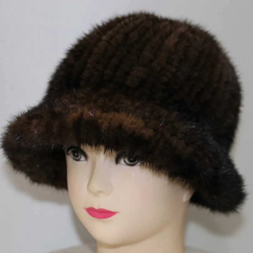 Yiyiyunshu вся кожа реального норки Мех животных шляпы для Для женщин зимние модные теплые натуральной Мех животных шапочки Шапки девочек женский - Цвет: brown