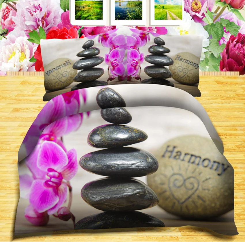 

Art stone and purple flower 3d effect photo bed linen can be customized photo pattern