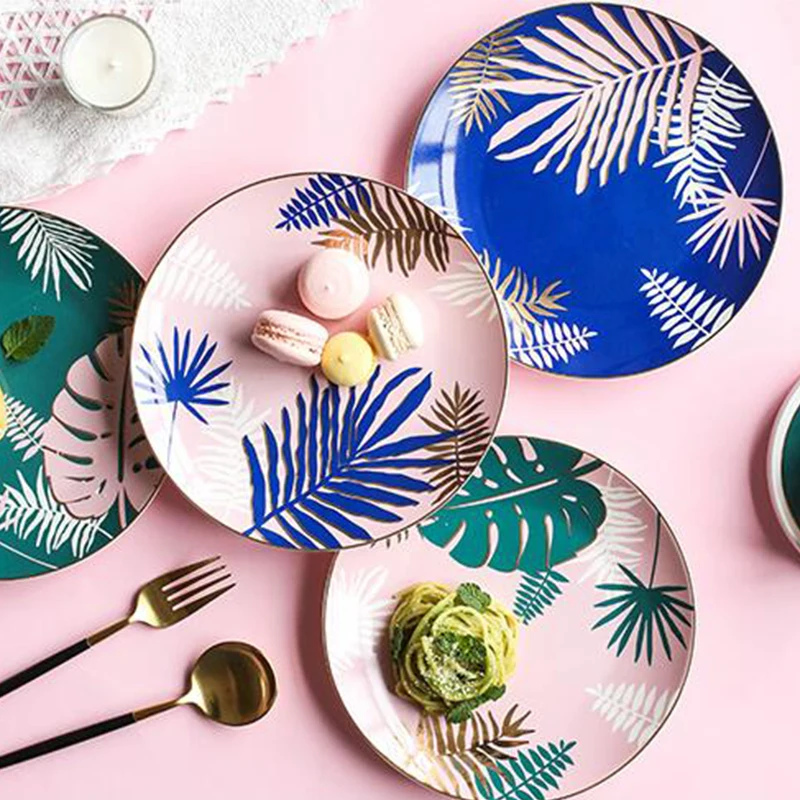 

Nordic Golden rim Style Tropical plant leaves Pattern Ceramic Tableware Porcelain Dinnerware Set Bone China Plate Cup And Saucer