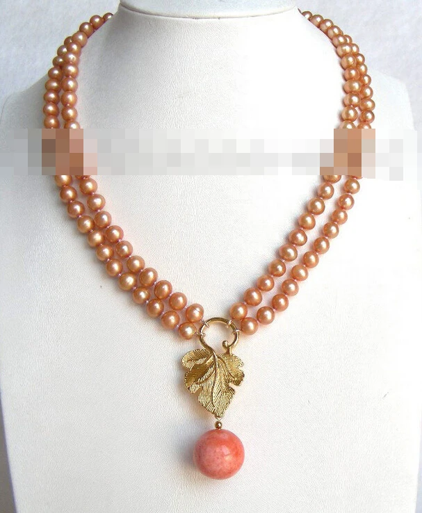 

3256 double nautral pearls &pink coral necklace pendant