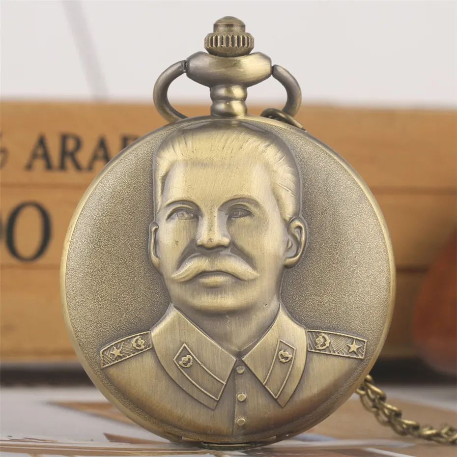 

Stalin Bronze Quartz Pocket Watch Vintage Necklace Watches Full Hunter Pendant Souvenir Clock Gifts for Men Women 80cm Chain