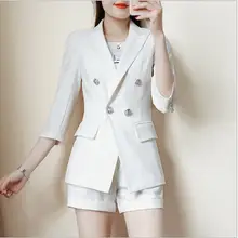 Шикарные летние женские костюмы в полоску, комплект, элегантный деловой формальный блейзер с длинным рукавом+ шорты, Офисная Женская одежда размера плюс, Рабочая форма