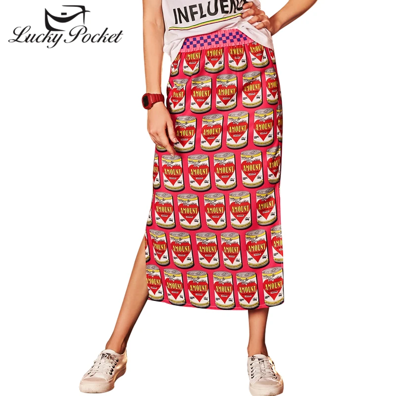 

2019 Summer Sweet Print Womens Skirt Red Girl Empire Elastic Waist Casual Slim Female Sexy Split Long Skirt New Fashion LY667