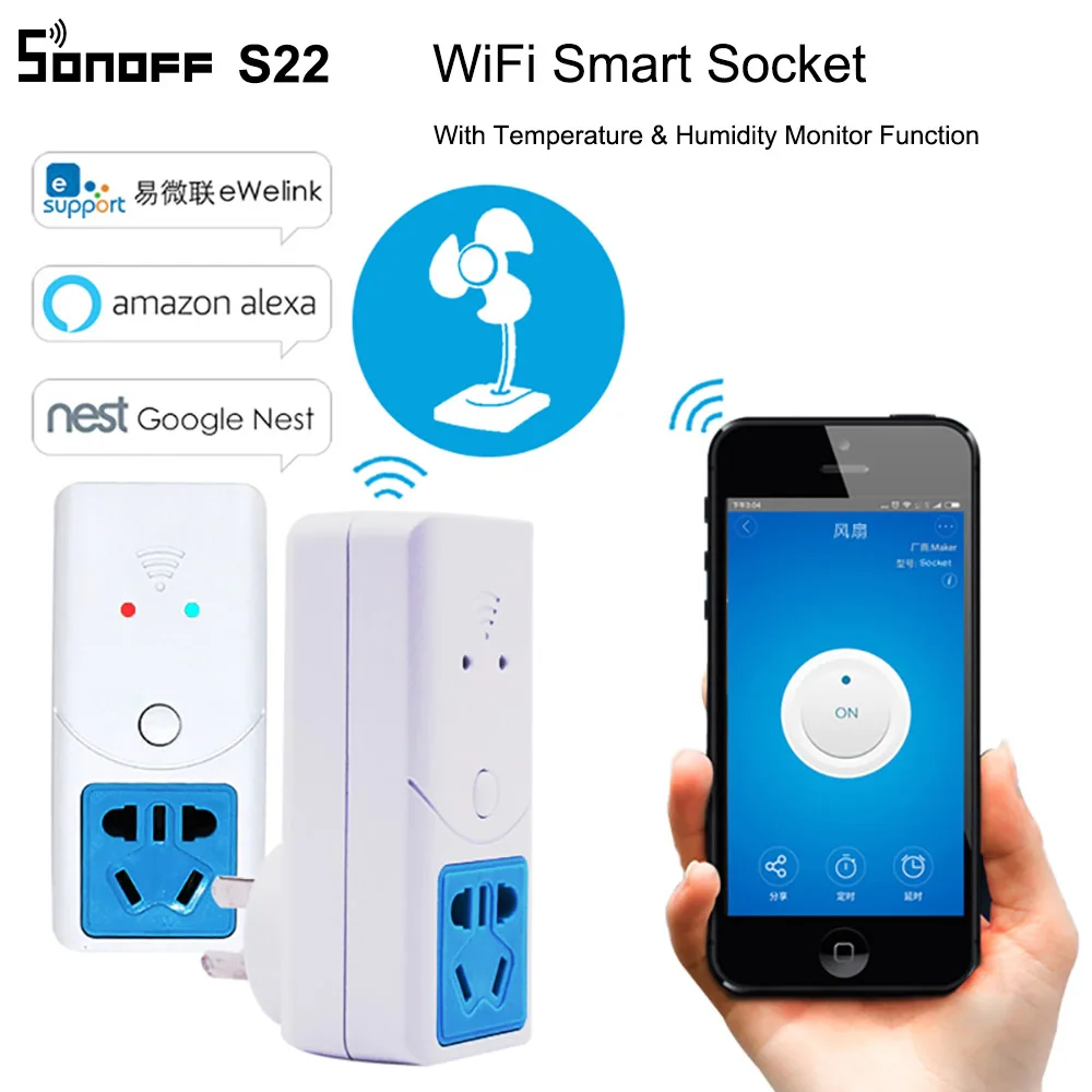 

Sonoff S22 Smart Wifi Power Socket AU CN Plug Wireless Outlet Socket Support Temperature Humidity Monitor Sensor Work With Alexa