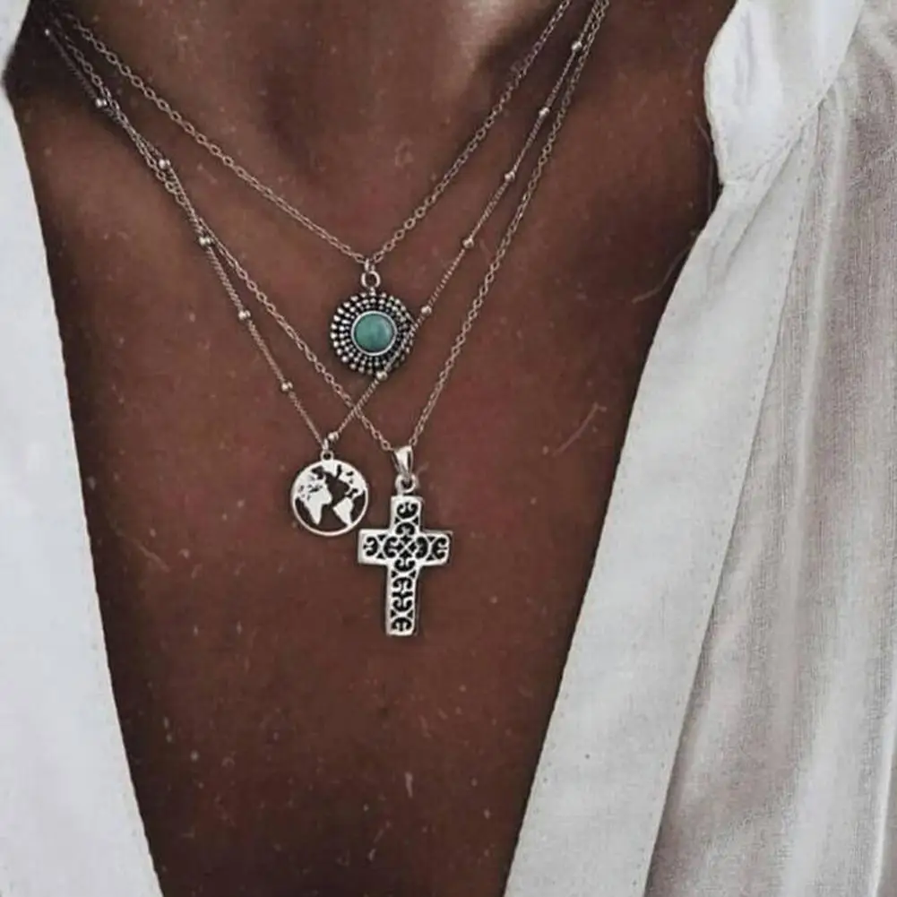 

2019 Female Fashion Map Circle Cross Faux Turquoise Pendant Vintage Women Multi-layer Party Charm Crystal Chain Necklace Jewelry