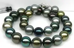18 "12-Tahitian подлинный черный павлин зеленый круглый многоцветный жемчужное ожерелье