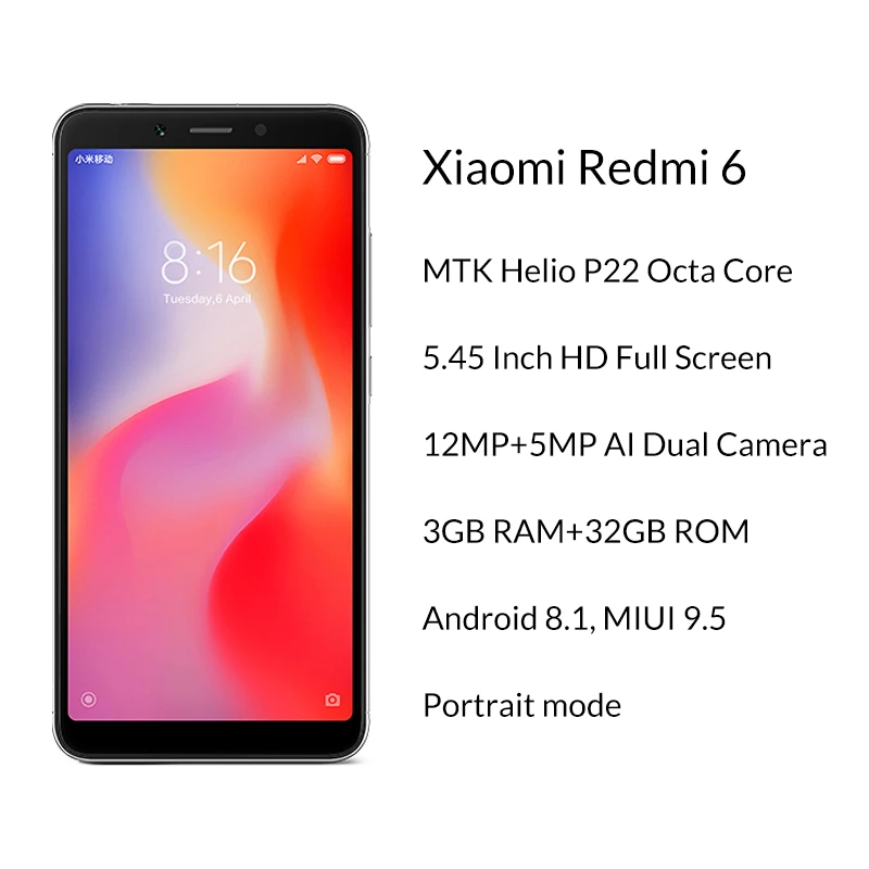 В наличии глобальная версия Xiaomi Redmi 6 3 ГБ 32 мобильный телефон MTK Helio P22 четыре ядра 5