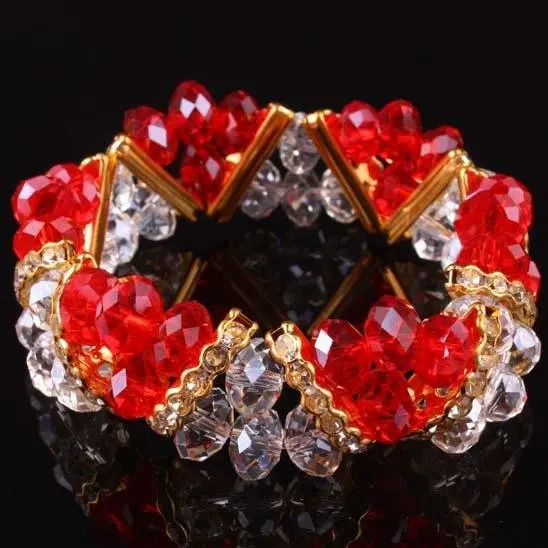 RED WHITE CRYSTAL FACETED BEADS BRACELET BANGLE STRETCH BEAUTIFUL