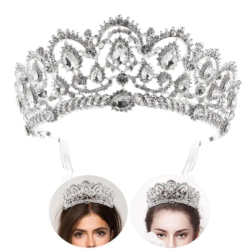 Rhinestone Bridal Headpiece Crown Bling Crystal Queen Tiara with Side
