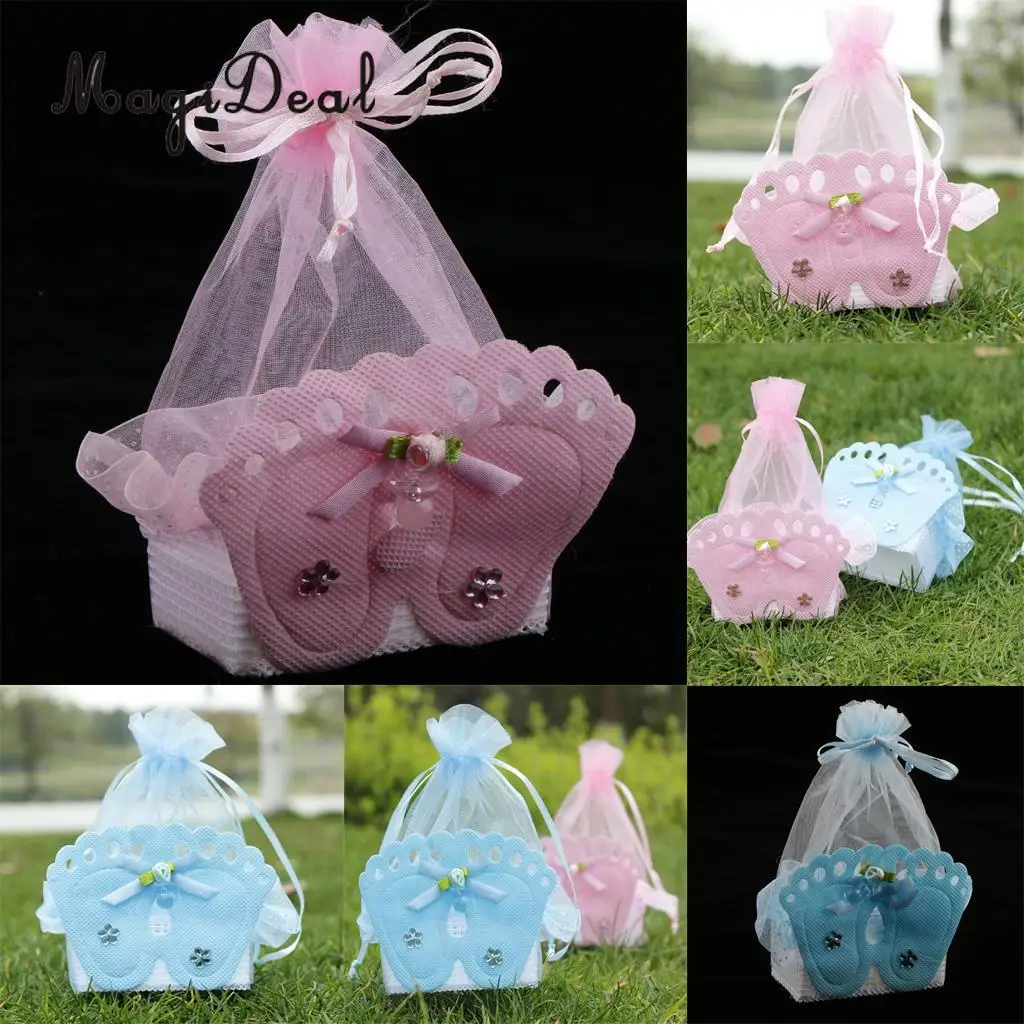 12 Pieces Baby Footprint Gift Treats Box Bags Girl Boy Baby Shower Kids Birthday Party Organza Candy Bags Favors