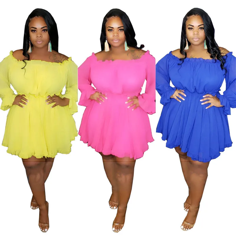 

Autumn Women's Fashion Dress Long Petal Sleeve Slash Sexy Dress Off-the Shoulder Chiffon Fabric Comfortable Loose Plus Size