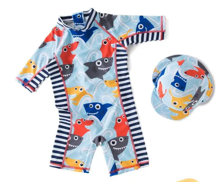 

Summer Baby Boy Clothing Swimwear+Hat 2pcs Set Sharks Swimming Suit Infant Toddler Kids Children Beach Bathing Clothes Retail
