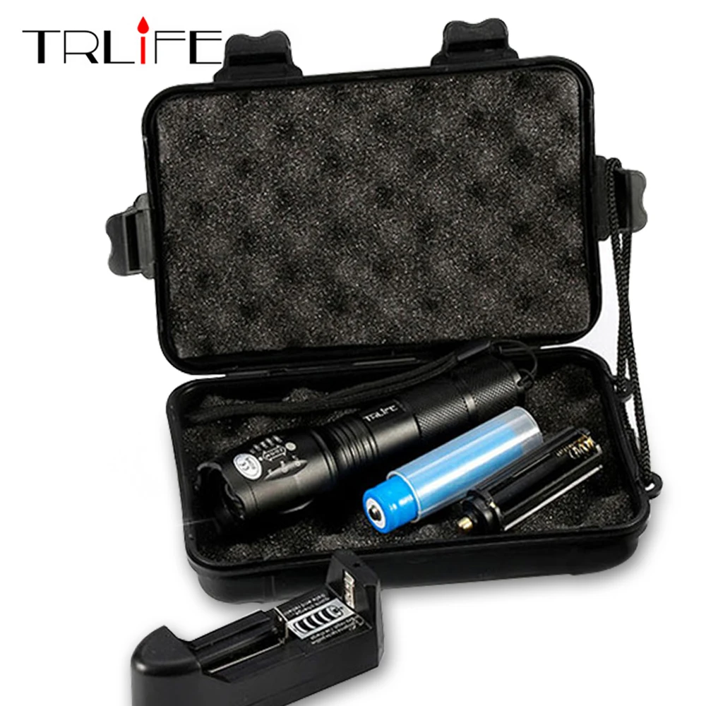 

8000 Lumens Ultra Bright T6 LED Flashlight 5 Modes Zoomable LED Torch Waterproof Tactical Light by 18650 Battery + Charger + Box