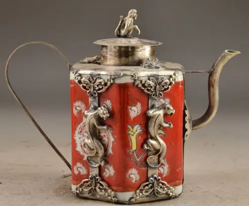 

Exquisite Chinese Old Porcelain Handwork Inlaid with Copper Animals Statue Teapot