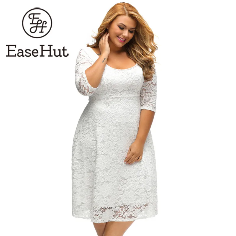 

EaseHut 2019 Elegant Women Large Size XL-5XL Party Lace Dresses White Floral Lace Sleeved High Waist Midi Dress Vestidos Mujer