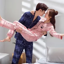 Наборы пижам для пары хлопок 2 psc Досуг Домашняя одежда костюм для женщин/мужчин отложной воротник кардиган Топы+ брюки