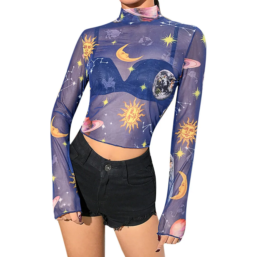 

2019 New Fashion Women Summer Turtleneck Long Sleeve Starry Sky Print Mesh Perspective Short Sexy Party Elegant Blouse z0408