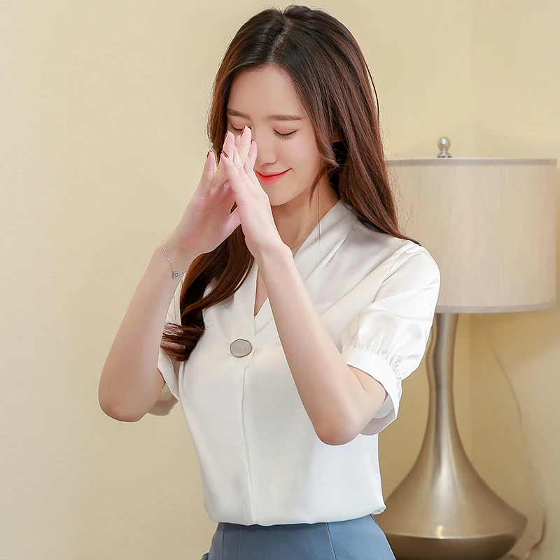 Korean Fashion Silk Women Blouses Satin Short Sleeve White Women Shirts Plus Size XXL Blusas Femininas Elegante Ladies Tops - 33039125859