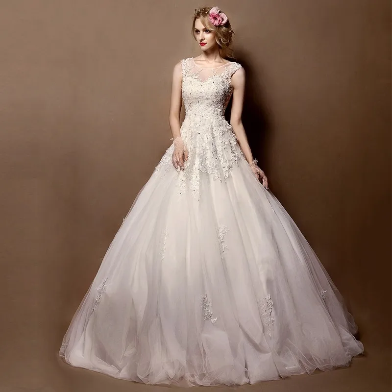 

2019 Dreamy Design Bridal Gowns Elegant A-Line O Neck Appliques Beaded Sweep Train Lace Tulle Wedding Dress