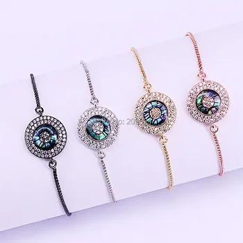 

10Pcs Micro Pave Cz Rainbow Shell Round Eye Charm Chain Bracelets for Women Adjustable jewelry
