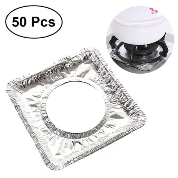 

50pcs Thickened Aluminum Foil Square Stove Burner Covers Gas Oven Covers For Top Gas Stove Liners Oil Proof Cleaning Pad