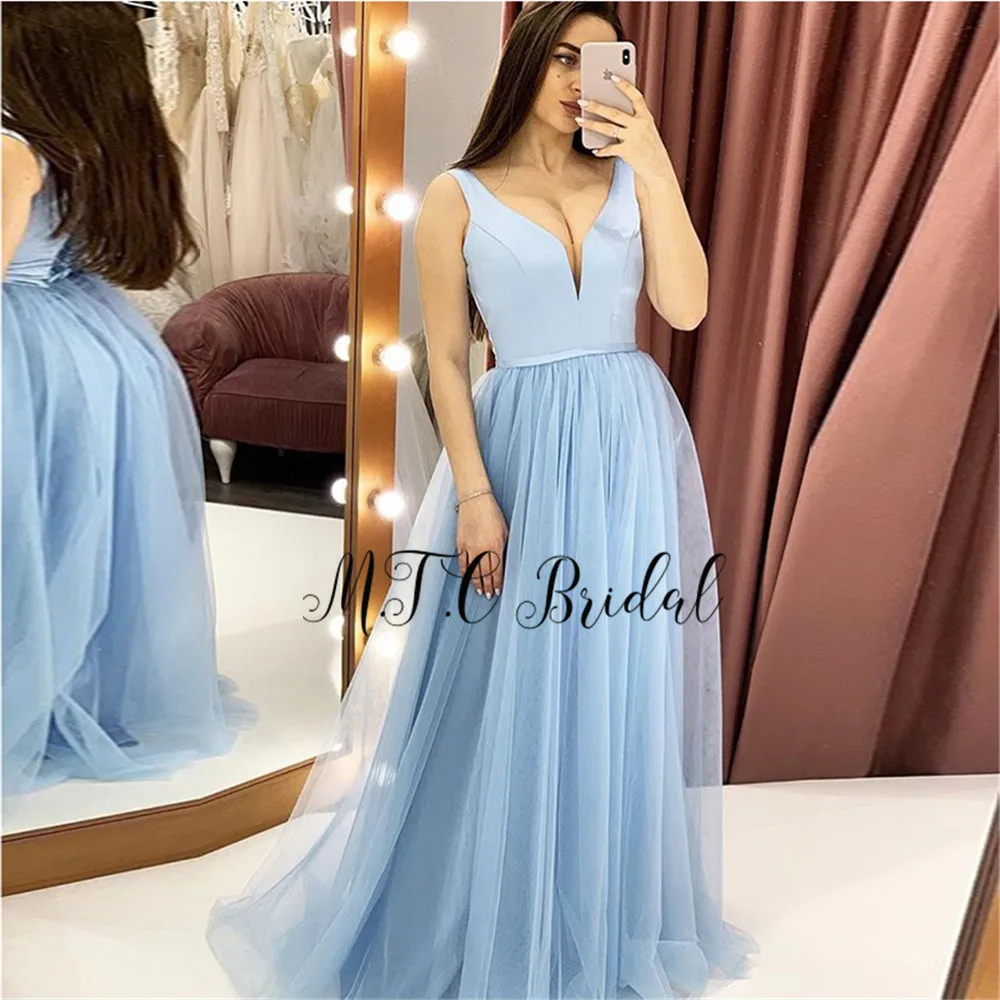 

Mint Blue Long Tulle Evening Dresses 2019 Simple V Neck A Line Floor Length Elegant Prom Dress Cheap Wedding Party Gowns