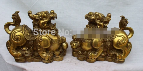

B0601 free shipping 8" Chinese Bronze Fengshui Wealth Animal Pixiu Kylin Beast Chilin Unicorn Pair statue