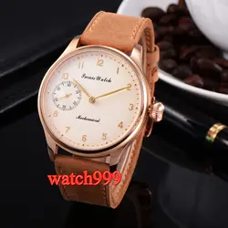 44 мм Parnis ручная намотка 6497 минеральный кристалл мужские часы с белым циферблатом кожаный ремень розовое золото корпус Мужские