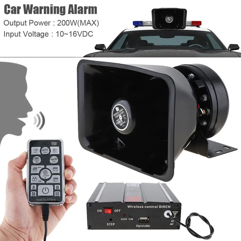 DC12V 200W 18 Tone Car Warning Alarm Police Siren Horn Speaker with MIC