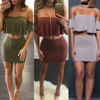 

Ruffle Women Two Piece Set 2019 Summer Plus Size Off Shoulder Cropped Top And Mini Skirt Set Suits Sexy Club Bodcon 2 Piece Set