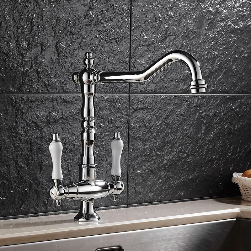 

European Style Kitchen Washbasin Water Faucet Silver Antique Full Copper Retro Trough American Cold Hot