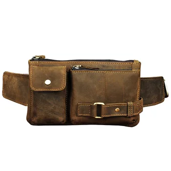 

Vintage Man's Waist Bags Oil Wax Leather Chest Bag Zipper Open Simple Single Straps Men Small Retro Travel Waist Packs Pouch