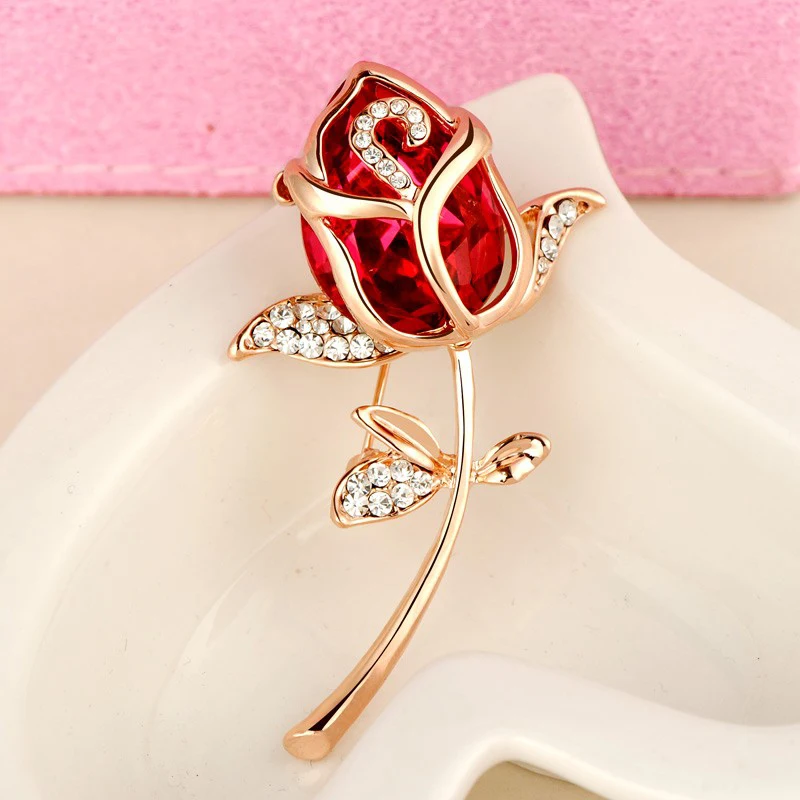Crystal Rose Flower Brooch Pin Rhinestone Alloy Rose Gold Brooches Birthday Gift Garment Accessories