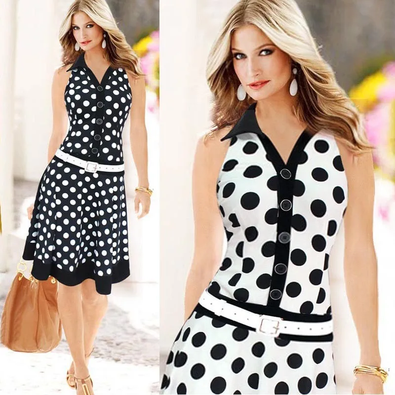 

snowshine YLW Women Fashion Polka Dot Sleeveless V-neck Print Dress One-piece Dresses free shipping