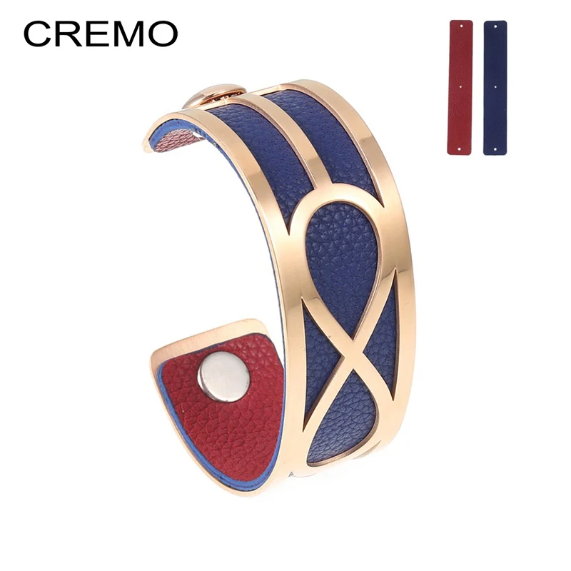 

Cremo Infinity Rose gold Manchette Bracelet & Bangles For Woman Cuff Hollow Stainless Steel Jewelry Reversible Leather Bijoux