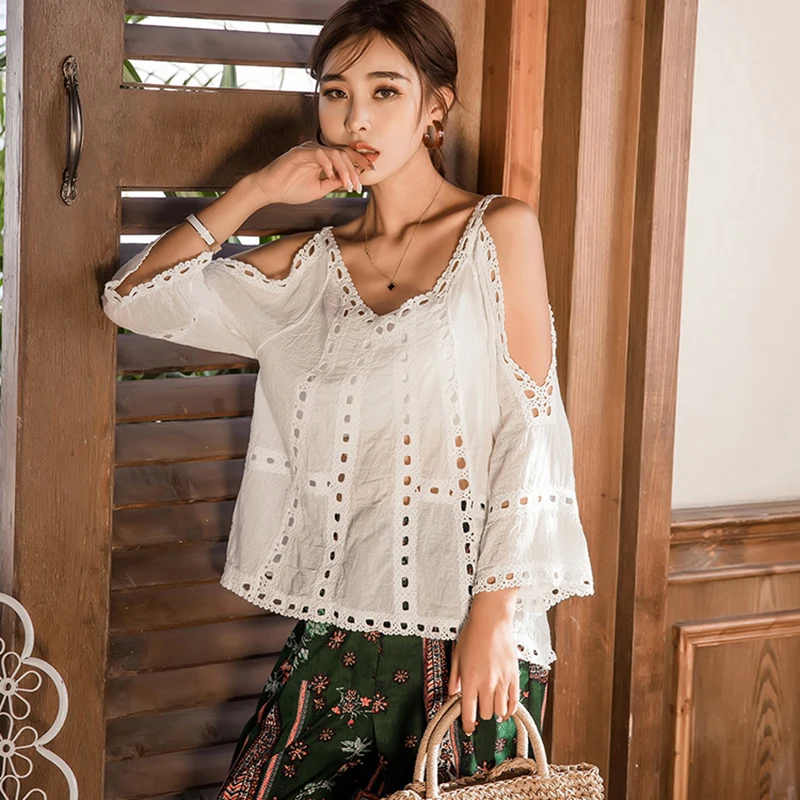 Блузка женская белая кружевная с вырезом открытыми плечами 2019|off shoulder top|shoulder off