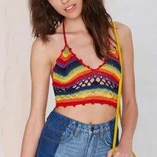 Пикантные Для женщин в богемном стиле Холтер Радуга укороченный Топы корректирующие. спинки Спагетти ремень Топики женские Этнические Ручной Работы Топики женские Оле пляжная майка