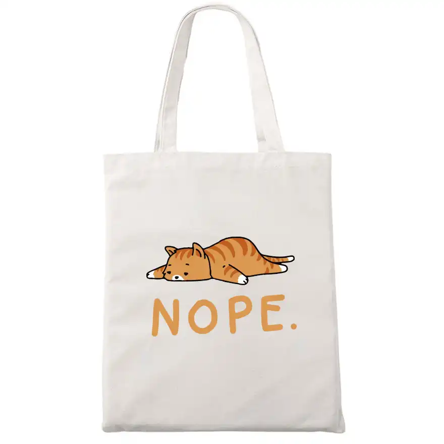 Nope Cat Ping Tote Bag Cute Animal Print Fashionable Original Design White Bags Zipper Closure Uni