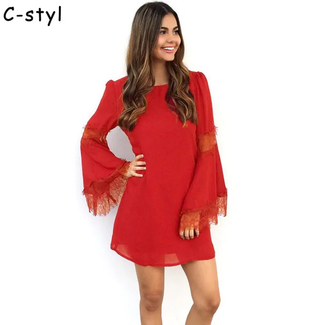 Vestidos Sexy Lente Jurken 2017 Nieuwe Fshion Stijl Lange Mouw kant Casual rode Jurk Rood Sexy