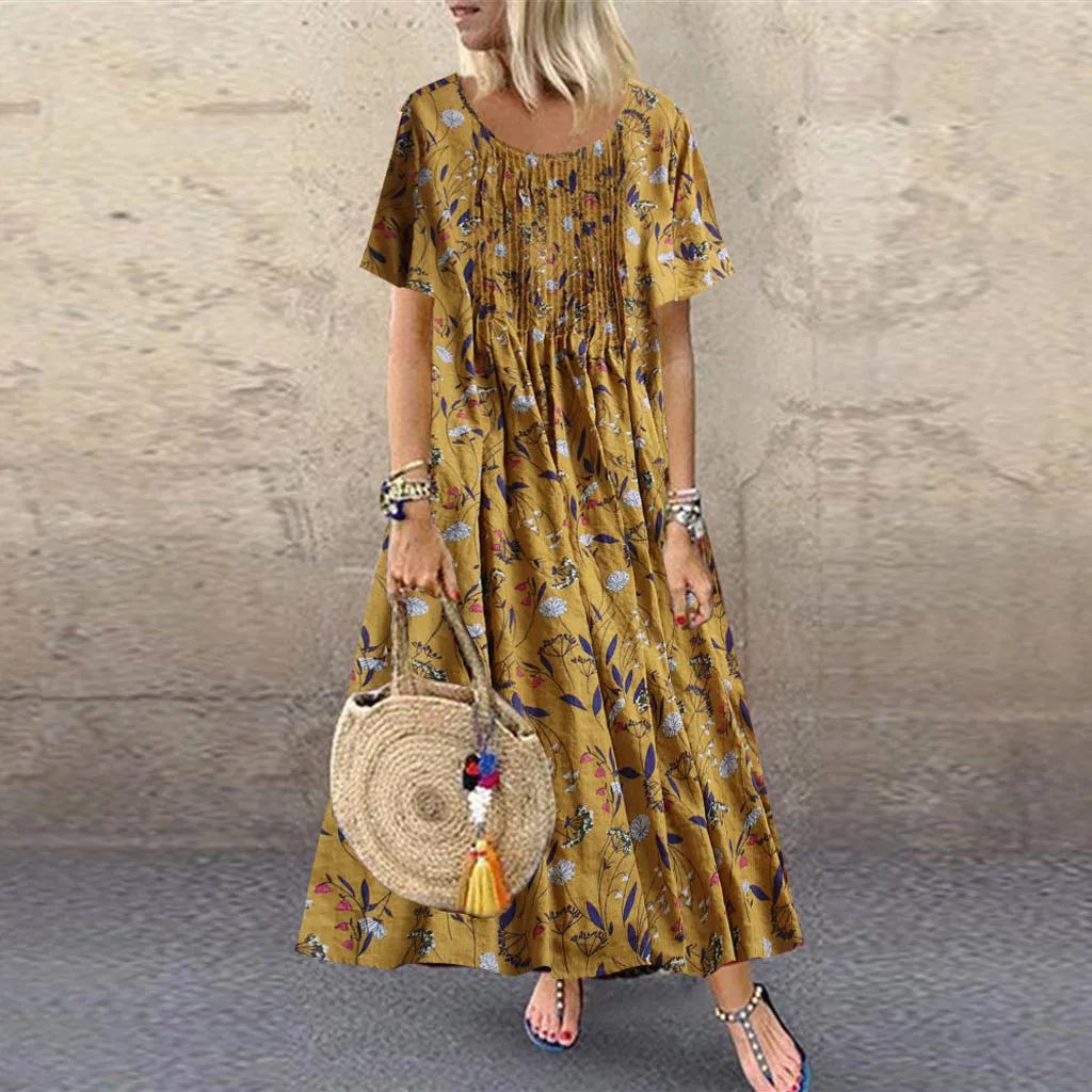 Women Summer Dress Pleated Leaves Floral Print O-Neck Short Sleeve Vintage Maxi Dress Female Fashion Vestidos Plus Size M40 - Цвет: YE